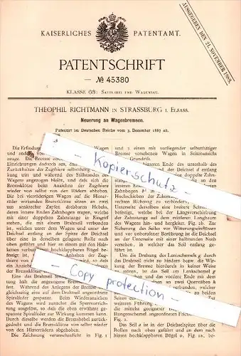 Original Patent  - T. Richtmann in Strassburg i. Elsass , 1887 ,  Neuerung an Wagenbremsen !!!