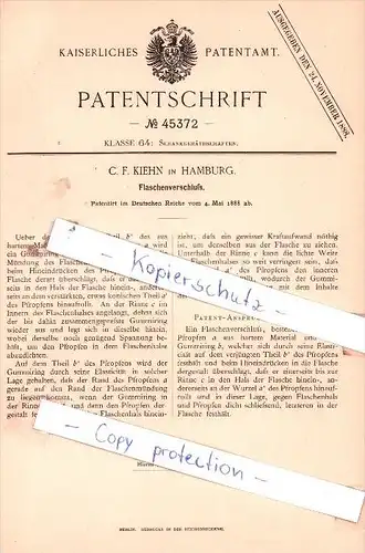Original Patent  - C. F. Kiehn in Hamburg , 1888 ,  Flaschenverschluß !!!