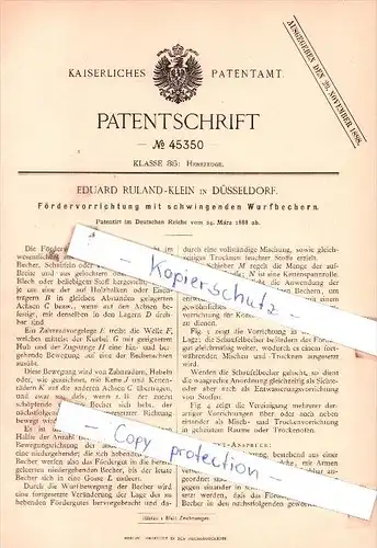 Original Patent  - Eduard Ruland-Klein in Düsseldorf , 1888 , Fördervorrichtung mit Wurfbechern !!!