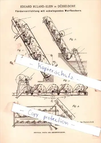 Original Patent  - Eduard Ruland-Klein in Düsseldorf , 1888 , Fördervorrichtung mit Wurfbechern !!!