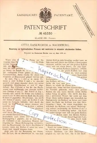 Original Patent  - Otto Dankworth in Magdeburg , 1888 , Neuerung an Pressen !!!