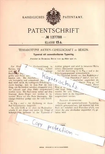 Original Patent  - Tessarotypie AG in Berlin , 1901 , Typenrad !!!