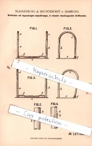 Original Patent  -  Blankenburg & Brunckhorst in Hamburg , 1901 , Briefordner mit Greiferenden !!!