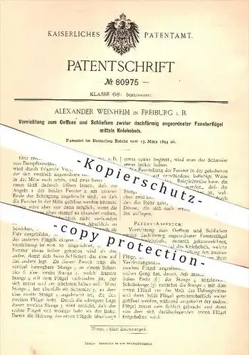 original Patent - A. Weinheim , Freiburg , 1894 , Öffnen und Schließen zweier Fensterflügel mit Kniehebel , Fensterbau