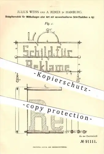 original Patent - J. Weiss , A. Remer , Hamburg , 1896 , Schild mit auswechselbaren Schriftzeichen , Reklame , Werbung !