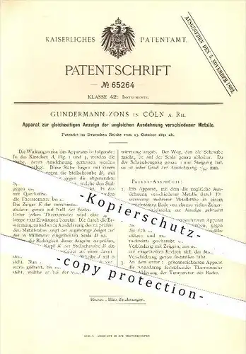 original Patent - Gundermann - Zons , Köln , 1891 , Anzeige der Ausdehnung verschiedener Metalle , Metall , Thermometer