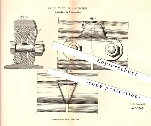 original Patent - Gottlieb Pühler , München , 1890 , Einsatzstück für Schienenstöße , Schienen , Eisenbahn , Eisenbahnen