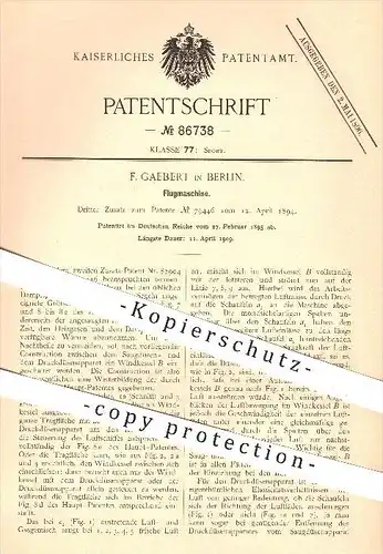 original Patent - F. Gaebert , Berlin , 1895, Flugmaschine , Fliegen , Flügel , Dampf , Luftschiff , Luftschiffe , Sport