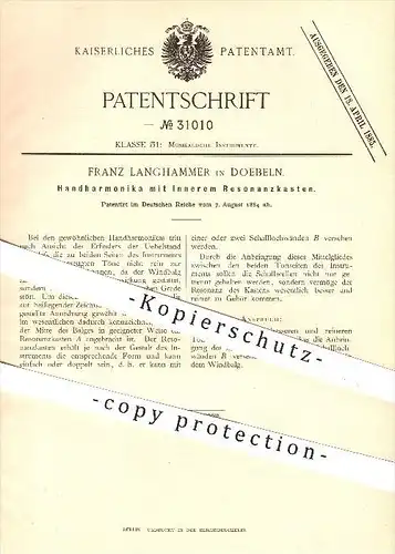 original Patent - F. Langhammer , Doebeln , 1884, Handharmonika mit innerem Resonanzkasten , Harmonika , Musikinstrument