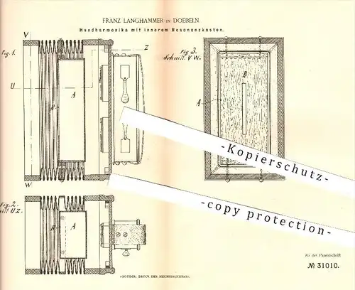original Patent - F. Langhammer , Doebeln , 1884, Handharmonika mit innerem Resonanzkasten , Harmonika , Musikinstrument