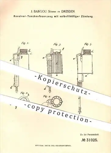 original Patent - J. Bargou Söhne , Dresden , 1884 , Revolver - Taschenfeuerzeug , Feuerzeug , Zündung , Zünden , Feuer