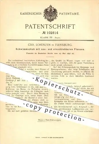 original Patent - Ch. Lorenzen , Flensburg , 1898 , Schwimmschuh mit aus- u. einschiebbaren Flossen , Schuh , Schwimmen
