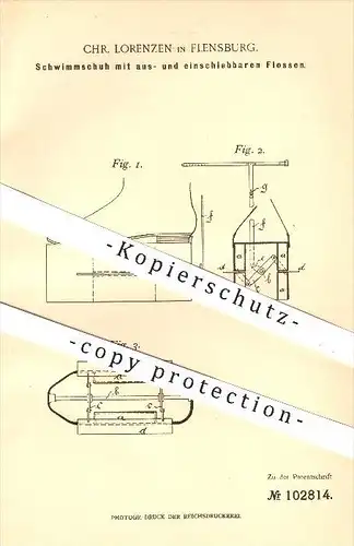 original Patent - Ch. Lorenzen , Flensburg , 1898 , Schwimmschuh mit aus- u. einschiebbaren Flossen , Schuh , Schwimmen