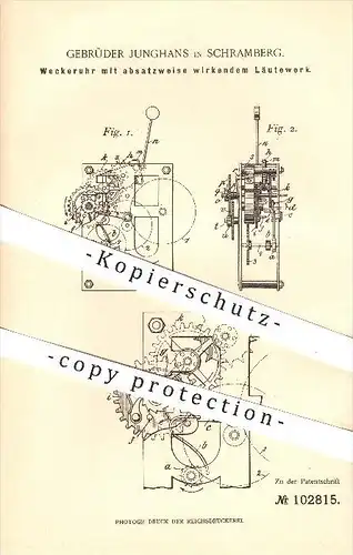 original Patent - Gebr. Junghans , Schramberg , 1898 , Wecker - Uhr mit Läutewerk , Uhren , Uhrwerk , Uhrmacher !!!