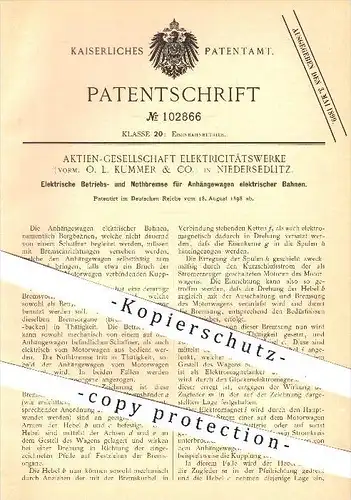 original Patent - AG Elektrizitätswerke , O. L. Kummer & Co. , Niedersedlitz , 1898, Notbremse , Bremse für elektr. Bahn