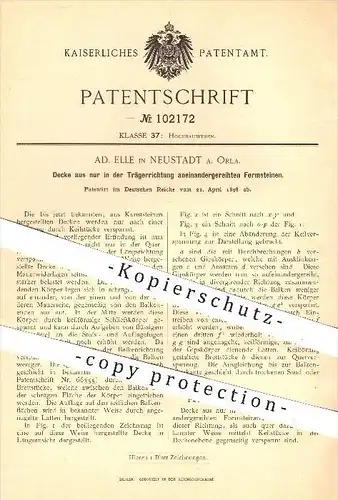 original Patent - Ad. Elle , Neustadt / Orla , 1898 , Decke aus aneinandergereihten Formsteinen , Hochbau , Bau , Steine