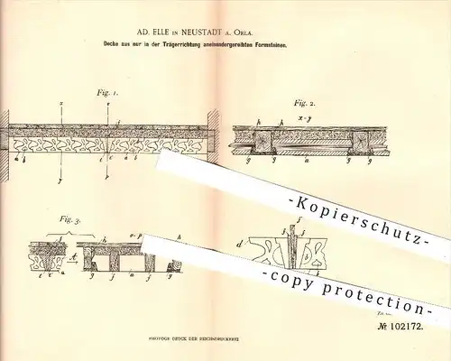 original Patent - Ad. Elle , Neustadt / Orla , 1898 , Decke aus aneinandergereihten Formsteinen , Hochbau , Bau , Steine