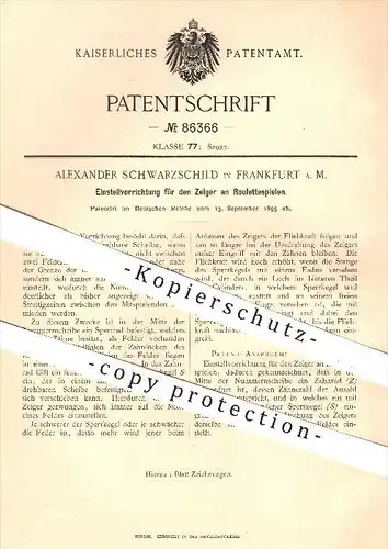 original Patent - A. Schwarzschild , Frankfurt / Main , 1895 , Einstellung von Zeiger an Roulettespielen , Roulette !!!