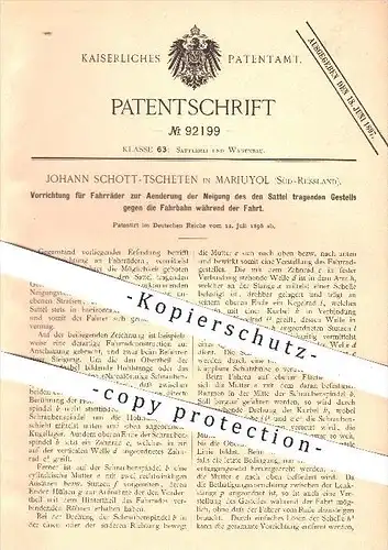 original Patent - Johann Schott - Tscheten , Mariuyol , Russland , 1896 , Fahrrad , Fahrradrahmen , Sattel , Fahrräder