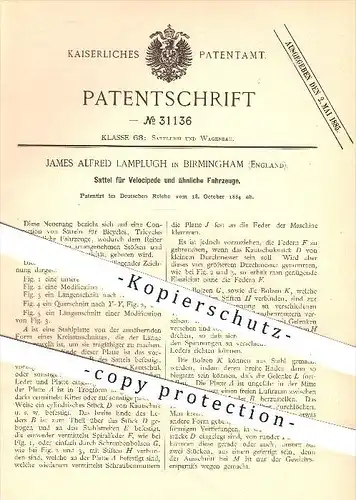 original Patent - J. A. Lamplugh , Birmingham , England , 1884 , Sattel für Velocipede , Fahrräder , Räder , Velociped !