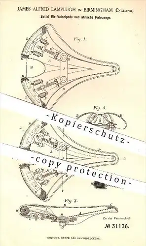 original Patent - J. A. Lamplugh , Birmingham , England , 1884 , Sattel für Velocipede , Fahrräder , Räder , Velociped !