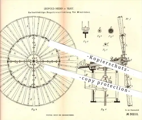 original Patent - Leopold Rieder in Tilsit , 1884 , Regulierung für Windräder , Windrad , Windkraft , Kraftmaschinen !!!