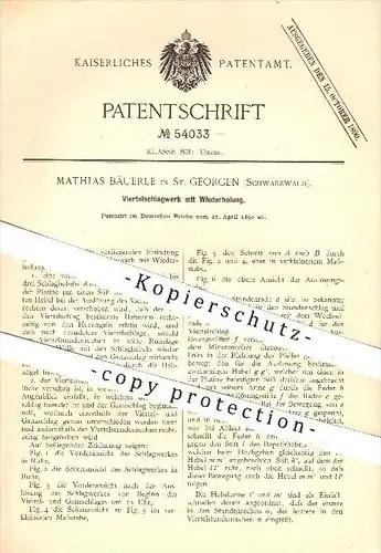 original Patent - M. Bäuerle , St. Georgen ,1890, Viertelschlagwerk mit Wiederholung , Uhr , Uhren , Uhrwerk , Uhrmacher