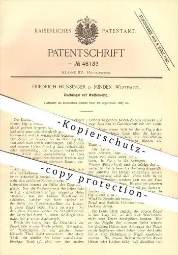 original Patent - Fr. Hunsinger in Minden , 1887 , Dachziegel mit Wetterleiste , Ziegel , Ziegelei , Dach , Dachdecker !