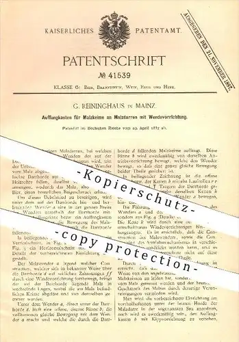 original Patent - G. Reininghaus in Mainz , 1887 , Auffangkasten für Malzkeime an Malzdarren , Malz , Brauerei , Bier !!