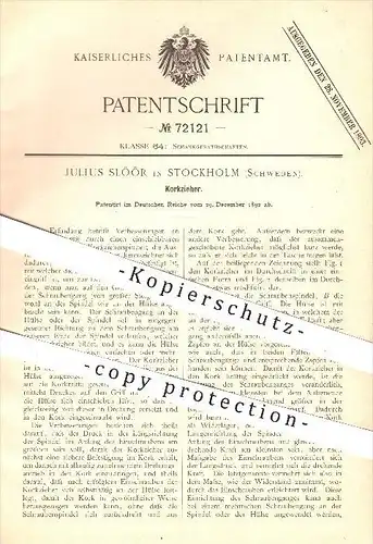 original Patent - J. Slöör , Stockholm , Schweden , 1892 , Korkzieher , Korkenzieher , Kork , Korken , Wein , Flaschen !
