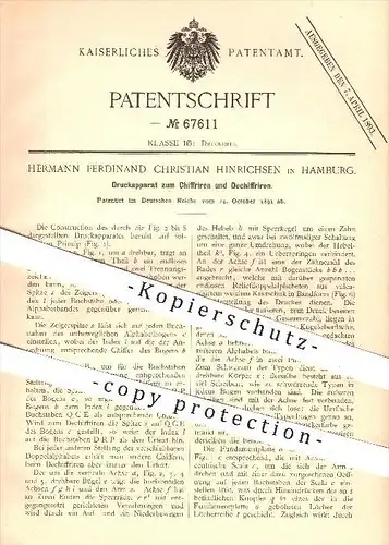 original Patent - H. F. Ch. Hinrichsen , Hamburg , 1891 , Drucker zum Chiffrieren , Dechiffrieren , Druck , Druckerei !!