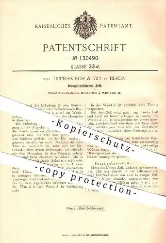 original Patent - von Tippelskirch & Co. in Berlin , 1901 , Moskitosicheres Zelt , Insekten , Zelte , Camping , Campen !