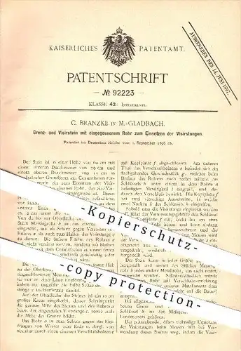 original Patent - C. Branzke in Mönchengladbach , 1896 , Grenzstein u. Visierstein , Stein , Steine , Grenze , Zement !!