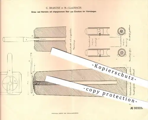 original Patent - C. Branzke in Mönchengladbach , 1896 , Grenzstein u. Visierstein , Stein , Steine , Grenze , Zement !!