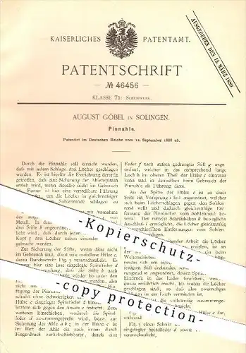 original Patent - August Göbel in Solingen , 1888 , Pinnahle , Ahle , Sohlen , Schuh , Schuhe , Schuhwerk , Schuster !!!