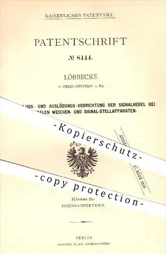 original Patent - Löbbecke in Oberlahnstein , 1879 , Schließen u. Auslösen der Signalhebel an Weichen , Eisenbahn !!!