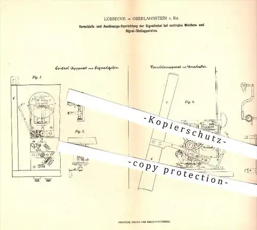 original Patent - Löbbecke in Oberlahnstein , 1879 , Schließen u. Auslösen der Signalhebel an Weichen , Eisenbahn !!!