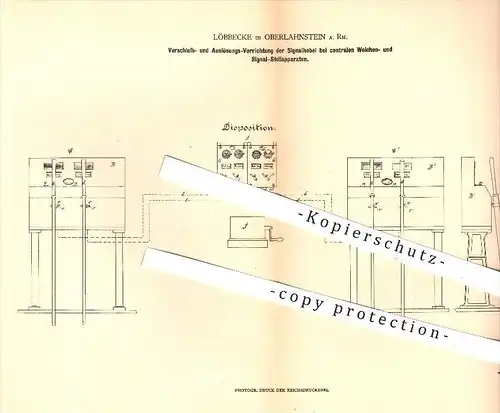 original Patent - Löbbecke in Oberlahnstein , 1879 , Schließen u. Auslösen der Signalhebel an Weichen , Eisenbahn !!!