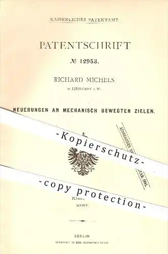original Patent - Richard Michels , Lippstadt , 1880 , mechanisch bewegte Ziele , Zielscheibe , Schießscheibe , Sport !!