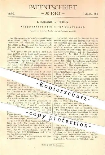 original Patent - L. Radandt , Berlin , 1879 , Klappenverschluss für Postwagen , Schloss , Schlosserei , Schlosser !!!