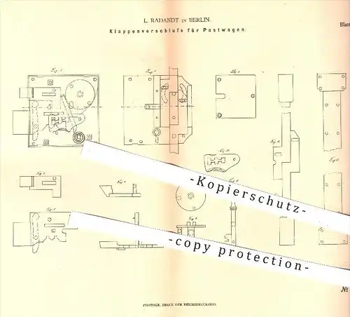 original Patent - L. Radandt , Berlin , 1879 , Klappenverschluss für Postwagen , Schloss , Schlosserei , Schlosser !!!