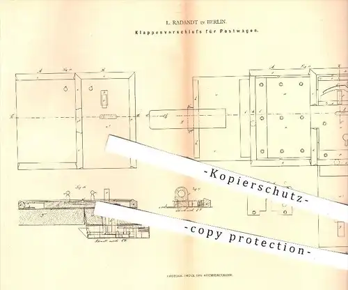 original Patent - L. Radandt , Berlin , 1879 , Klappenverschluss für Postwagen , Schloss , Schlosserei , Schlosser !!!