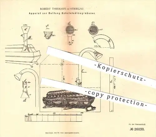 original Patent - Robert Thiemann , Striegau , 1883 , Rettung Scheintot - Begrabener , Bestattung , Sarg , Tod , Grab !!