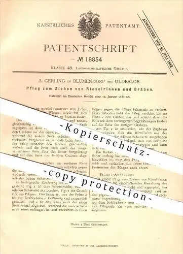 original Patent - A. Gerling , Blumendorf , Oldesloe , 1882 , Pflug zum Ziehen von Rinnen , Gräben , Pflügen , Landwirt
