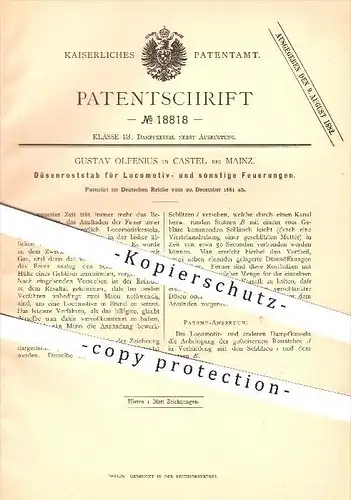 original Patent - G. Olfenius , Castel , Mainz , 1881 , Düsenroststab für Feuerung bei Lokomotiven , Kessel , Eisenbahn