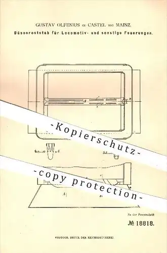 original Patent - G. Olfenius , Castel , Mainz , 1881 , Düsenroststab für Feuerung bei Lokomotiven , Kessel , Eisenbahn