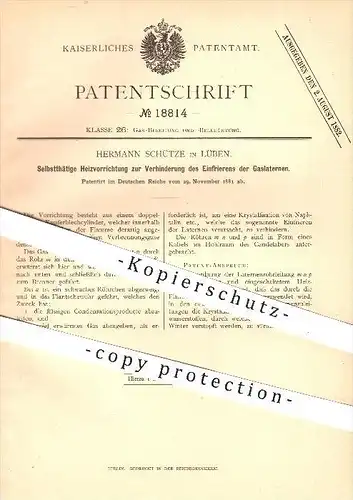 original Patent - H. Schütze , Lüben , Heizung gegen Einfrieren von Gaslaternen , Gas , Beleuchtung , Laternen , Licht !