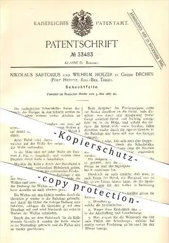 original Patent - N. Sartotius , W. Holzer , Grube Dechen , Heinitz , Trier , 1885 , Schachtfalle , Schacht , Bergbau !!