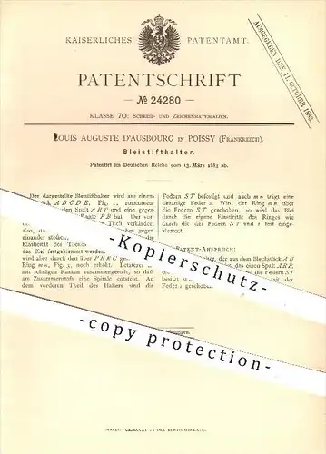 original Patent - L. Auguste D'Ausbourg , Poissy , Frankreich , 1883 , Bleistifthalter , Bleistift , Stift , Schreiben