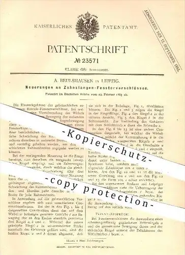 original Patent - A. Beulshausen , Leipzig , 1883 , Zahnstangen - Fenster - Verschluss , Fensterbau , Schloss !!!